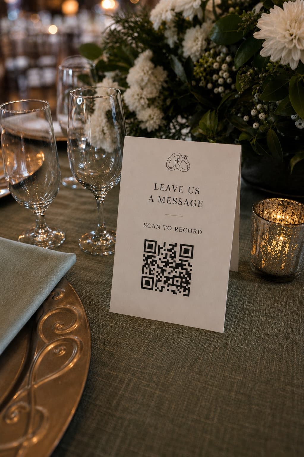 A tent card on a set table reading Leave us a message, scan to record, with a QR code, beside glassware, a candle and white flowers